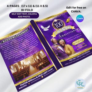 Programma per l'anniversario della chiesa modificabile di 4 pagine, programma per l'anniversario della chiesa viola e oro, programmi per la chiesa pieghevoli su Canva (17x11) e (11x8,5).