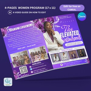 Può includere: Un volantino viola e bianco per l'evento "The Elevated Sisterhood", con una donna in un blazer bianco. Il volantino include testo, foto degli oratori ospiti e un codice QR. Il volantino misura 43 x 28 cm.