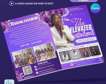 Può includere: Un volantino viola e bianco per l'evento "The Elevated Sisterhood", con una donna in un blazer bianco. Il volantino include testo, foto degli oratori ospiti e un codice QR. Il volantino misura 43 x 28 cm.
