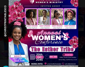 Elegant Pink Blue Women's Conference Flyer, Premade Flyer For Women Event, Church Women Ministry, Women empowerment, Guest Speakers Canva.
