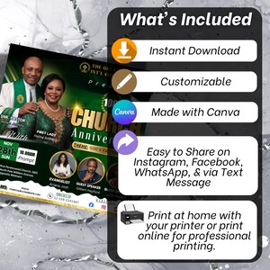 May include: A flyer for a church anniversary celebration. The design features images of church leaders, the text "100th Church Anniversary," and event details. Includes "Instant Download," "Customizable," and "Made with Canva" options.