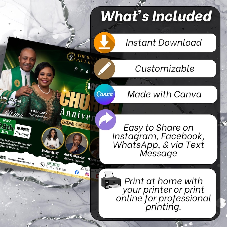 May include: A flyer for a church anniversary celebration. The design features images of church leaders, the text "100th Church Anniversary," and event details. Includes "Instant Download," "Customizable," and "Made with Canva" options.