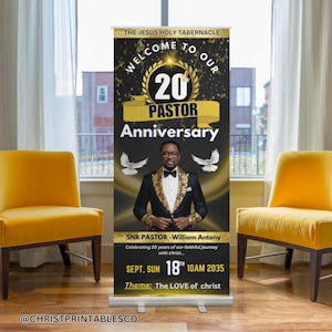 Editable Pastor Anniversary Retractable Banner, Elegant Black & Gold Church Signage for Canva , Church Banner, Church Sign, Vinyl Banner.