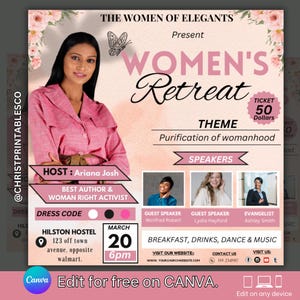 Editable Women&#39;s Retreat Pink Floral Flyer, Women&#39;s Event Flyer, Mothers Day Flyer, Women Conference Flyer, Flyers For Women&#39;s Event Canva.