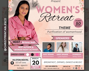 May include: A pink flyer featuring a woman wearing a pink shirt and a butterfly graphic. The flyer promotes a Women's Retreat with the theme "Purification of womanhood". The event is scheduled for 6pm on 20th March at the Hilston Hostel. The flyer also includes details about the speakers, guest speakers, and the dress code.