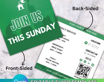 Editable Join Us QR Code Church Invite Square Green Card, Church Connection Card, Welcome to Church Postcards, Postcard Church Design Canva.