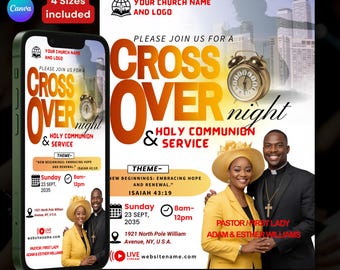 May include: A promotional graphic for a church event, featuring the text "Cross Over Night" in large orange letters. The design includes a clock, a couple in formal attire, and event details like the date, time, and location. The graphic is displayed on a phone and a larger poster.