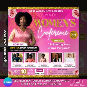 Editable Women&#39;s Conference Flyer, Pink & Gold Floral Flyer, Flyer For Guest Speaker, Women Empowerment Flyer, Women&#39;s Ministry Canva flyer.