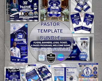 Pastor Event Bundle Template, Editable Blue & Silver Templates, Logo, Banner, 4 Pages Program, Banquet, Pastor Ticket, Welcome Sign Canva.