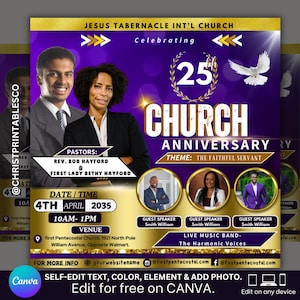 Editable Church Anniversary Flyer, Purple & Gold Church Anniversary, Invitation for Church Anniversary, Church Event Template Canva Flyer.
