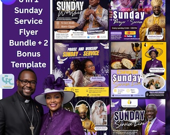 6 in 1 Modern Sunday Service Church Flyer Template Bundle , Editable Bundle Templates, Church Social Media Templates, Worship Flyer Canva.