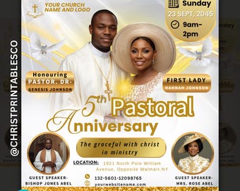 White & Gold Pastoral Anniversary Flyer, Editable Flyer For Pastor Appreciation, Invitation For Church Anniversary, Canva Template Design.