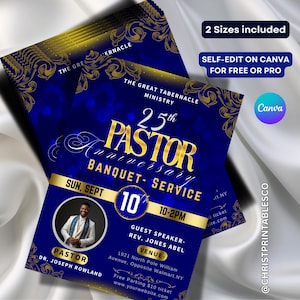 Könnte beinhalten: Eine blau-goldene Einladung zum 25. Jubiläum des Pastors. Das Design enthält den Text "25. Pastor Jubiläums-Bankett-Service" und Veranstaltungsdetails. Die Einladung enthält ein Foto des Pastors und Veranstaltungsdetails.