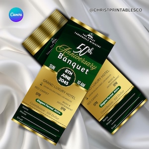 Pode incluir: Dois ingressos para eventos com um design verde, dourado e branco. Os ingressos são para um 50º Aniversário Banquete no Grand Luxury Hotel. O evento inclui tapete vermelho, música e entretenimento.