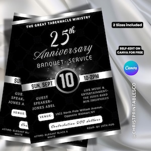Editable Church Anniversary Banquet Invitation, Black & Silver Anniversary Banquet, Banquet Invitation, Gala and Fundraiser Event, Canva.