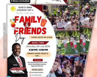 May include: A flyer for a Family & Friends Day event at God's Own Church International. The flyer features a red and white color scheme with a photo of people playing games and a guest speaker, Rev. Bob Hayford. The event is scheduled for Saturday, July 4th, 2035, from 6:30 PM to 9:00 PM. The flyer includes the address of the church, first Pentecostal Church, 1921 North Pole William Avenue, Opposite Walmart.