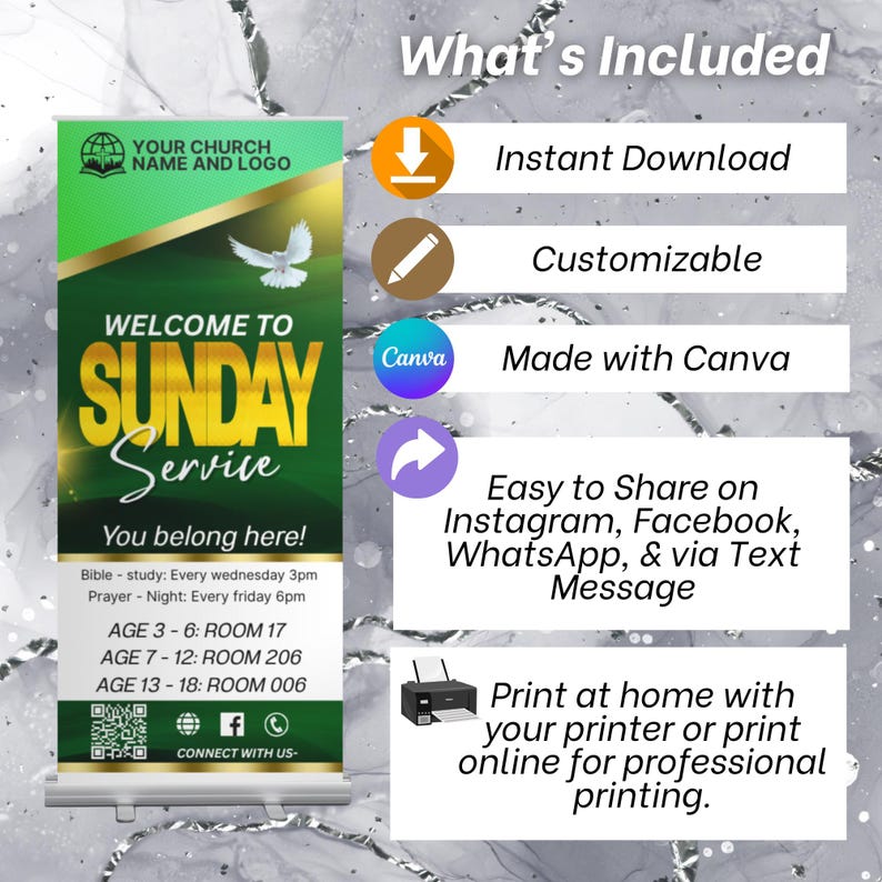 May include: A green and gold banner with the text "WELCOME TO SUNDAY Service". Includes information about Bible study and prayer times, and age group room numbers. Features the text "Instant Download", "Customizable", and "Made with Canva".