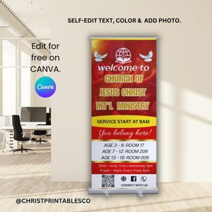 Church Retractable Banner Template, Editable Rollup Banner Template, Sunday Service, Sunday Worship,  Vinyl Banner, Church Post Sign Canva.