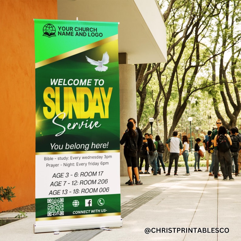 May include: A green and gold banner with the text "WELCOME TO SUNDAY Service". The banner includes a dove graphic and the text "You belong here!". Additional text provides service times and room numbers for different age groups.