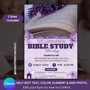 Peut inclure: Une affiche violette et blanche avec une Bible et des fleurs. Elle indique "Women's Bible Study Fellowship" et "Psalms 46:5 NIV". Le texte dit "Dieu est en elle, elle ne tombera pas ; Dieu l'aidera au lever du jour." L'affiche indique également "10 mai 2035" et "19h00 - 20h30".