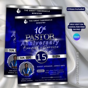 Blue & Silver Pastor Anniversary Banquet Flyer, Editable Anniversary Banquet Template, Banquet Invitation, Gala and Fundraiser Event Canva.