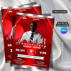 Red & Silver Pastor Anniversary Banquet Flyer, Editable Anniversary Banquet Template, Banquet Invitation, Gala and Fundraiser Event Canva.