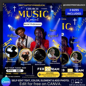 Editable Church Music Concert Flyer, Blue & Gold Music Flyer, church Worship Service, Gospel Concert Flyer, Canva Musical Flyer Template.