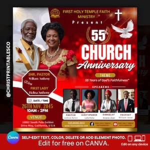 Flyer rouge et or d'anniversaire d'église Premade Flyer du ministère pour une invitation d'anniversaire d'église pour un événement pastoral Modèle Canva Design