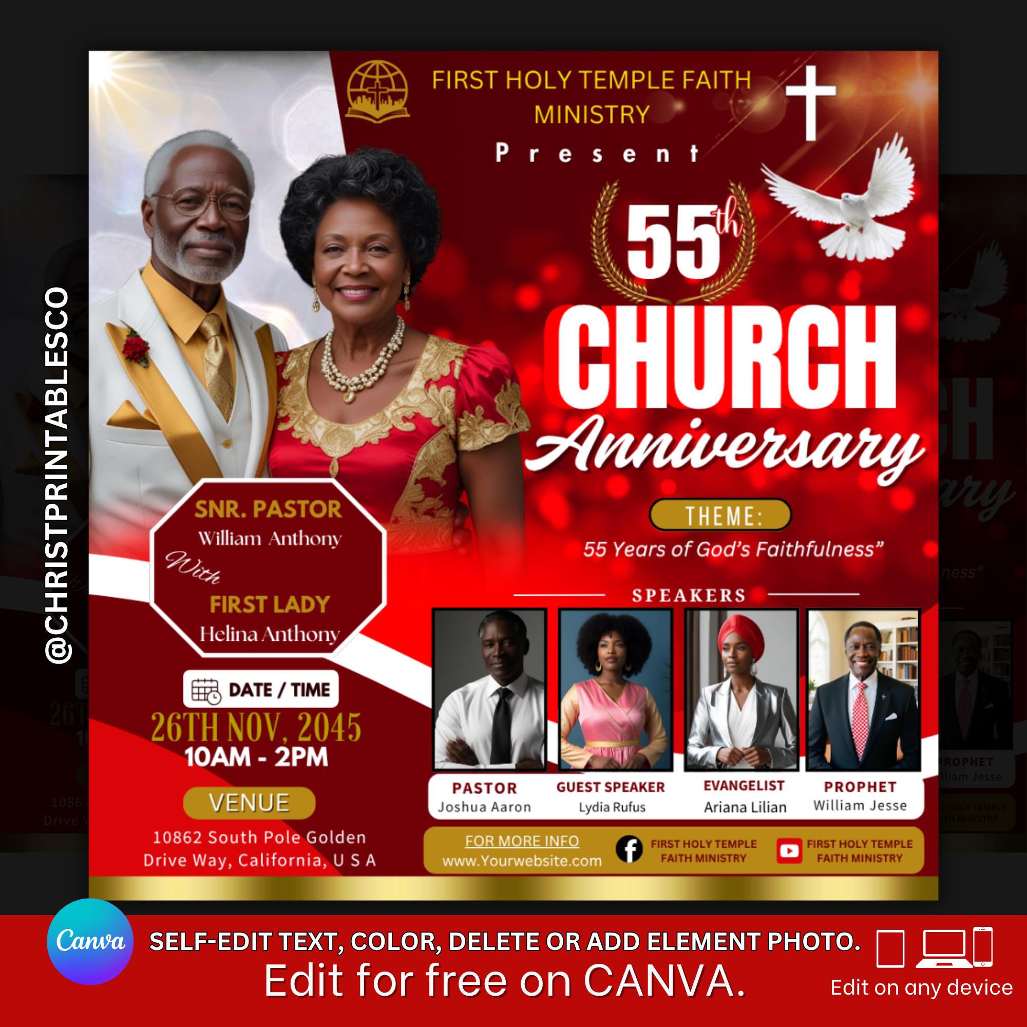 Red & Gold Church Anniversary Flyer Premade Ministry Flyer for Church ...