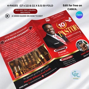 4 Pages Red and Gold Pastor Anniversary Program, Editable Pastor Appreciation Program, (17x11) & (11x8.5) Bi-Fold Canva Church Programs.