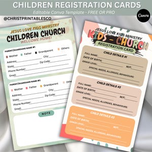 Cartes d'inscription modifiables pour les enfants, formulaire d'inscription du ministère de l'enfance, carte Kids Connection, formulaire d'inscription pour parents et enfants Canva.