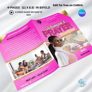 May include: A pink and gold bi-fold brochure for a Women's Prayer Breakfast, featuring a woman in sunglasses. The brochure includes text about the event, a video guide, and a Canva logo. The brochure is 27.9 x 21.6 cm.