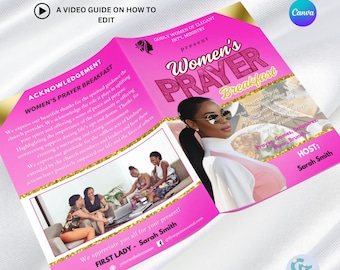 Può includere: Un opuscolo pieghevole rosa e oro per una colazione di preghiera femminile, con una donna con occhiali da sole. L'opuscolo include testo sull'evento, una guida video e un logo Canva. L'opuscolo misura 27,9 x 21,6 cm.