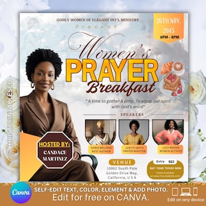 Folleto de desayuno de oración para mujeres, Biblia y brunch, folleto de brunch prediseñado, reunión de compañerismo, folleto de orador invitado, Canva para redes de mujeres.