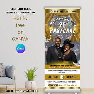 White and Gold Pastoral Retractable Banner- Editable Event Rollup Banner Template, Church Sign, Celebration Banner, Vinyl Banner Canva.