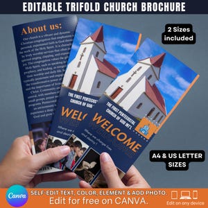 Plantilla de folleto tríptico editable para iglesia moderna, para invitados por primera vez, diseño gráfico para iglesias, formulario para iglesias, plantilla de folleto para iglesias Canva.