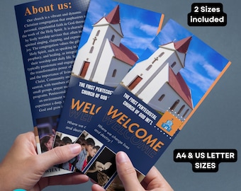 May include: A trifold church brochure design featuring a white church with a red roof on a blue background. The brochure includes the text "WELCOME" and "About us:". The design is available in A4 and US Letter sizes.