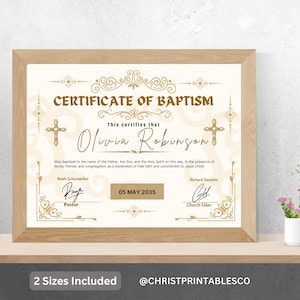 Certificado de bautismo vintage editable imprimible, certificado de bautismo moderno de la iglesia, diseño elegante de certificado de bautismo imprimible de la iglesia.