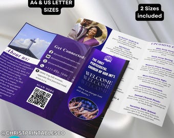 Modern Church Trifold Brochure Template, First-Time Guests, Church Graphic Design, Church Form, Editable Church Pamphlet Template Canva.