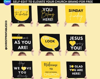 9 Handheld Church Welcome Signs, Editable Welcome Church Sign Canva Template, Church Hand Greeter Signs, Welcome Signs Template.