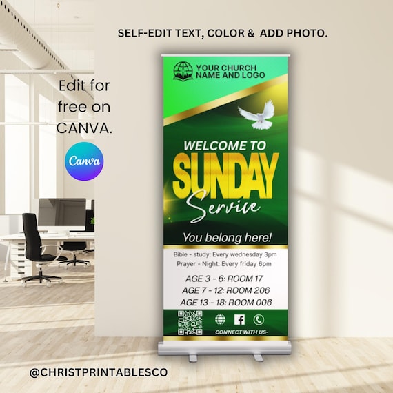 Church Retractable Banner Template, Editable Rollup Banner Template, Sunday Service, Sunday Worship, Vinyl Banner, Church Post Sign Canva.