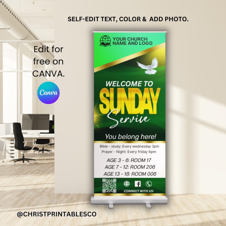 May include: A green and gold retractable banner with the text "WELCOME TO SUNDAY Service". The banner includes a dove graphic and information about Bible study and prayer times. The banner also has the text "Edit for free on CANVA."