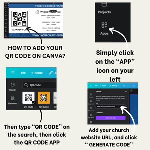 May include: A step-by-step guide on adding a QR code to a design using Canva. The image shows how to search for the QR code app, add a website URL, and generate the code. Text includes "HOW TO ADD YOUR QR CODE ON CANVA?"