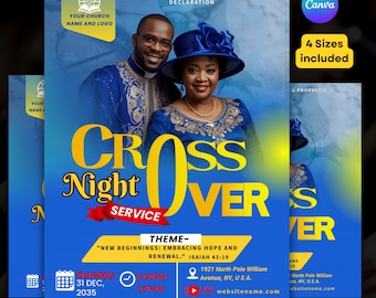 May include: A promotional flyer for a church service, featuring a couple in blue attire. The design includes the text "CROSSOVER Night SERVICE" in yellow, with event details and the Canva logo. The theme is "New Beginnings: Embracing Hope and Renewal."