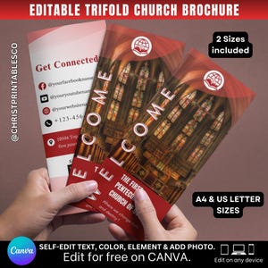 Plantilla de folleto tríptico para iglesia moderna, invitados por primera vez, diseño gráfico para iglesias, formulario para iglesias, plantilla de folleto para iglesia editable Canva.
