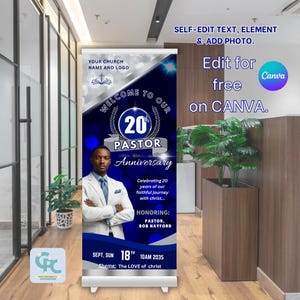 Blue and Silver Pastor Anniversary Retractable Banner, Editable Rollup Banner, Banner Template, Church Anniversary Sign, Vinyl Banner Canva.