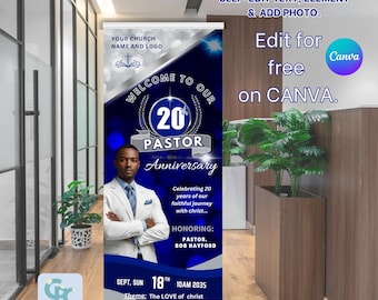 Blue and Silver Pastor Anniversary Retractable Banner, Editable Rollup Banner, Banner Template, Church Anniversary Sign, Vinyl Banner Canva.