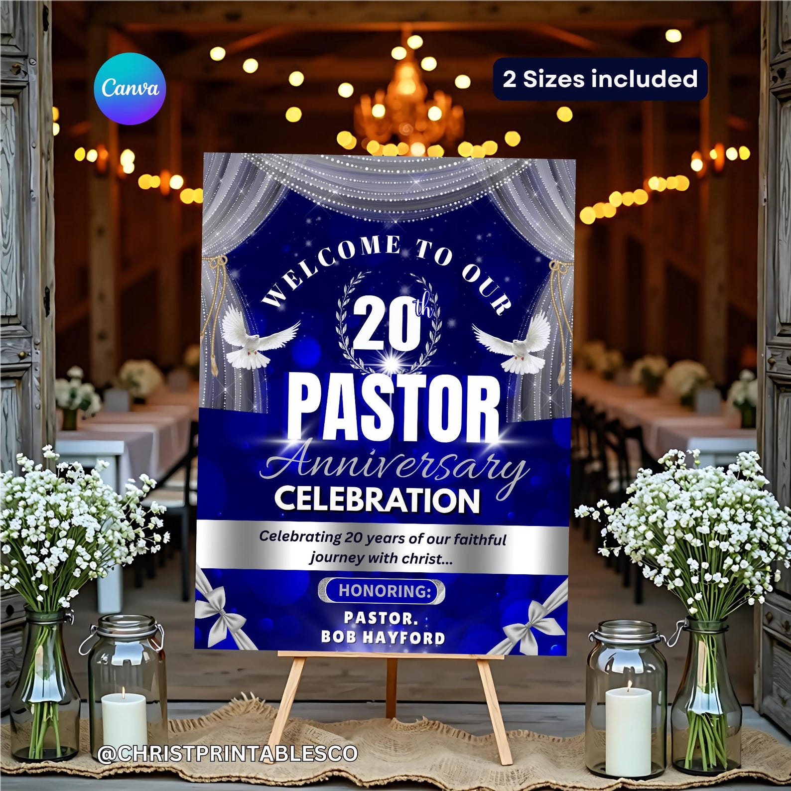 Blue & Silver Pastor Anniversary Welcome Sign, Editable Church Sign ...
