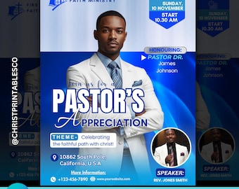 Pastor Appreciation Flyer- Blue & Silver Editable Flyer For Church Event, Invitation for Pastor Anniversary, Ministry Templates Canva Flyer.