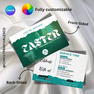 May include: Two-sided Easter invitation card with a green and white design. The front features the word "EASTER" and the text "YOU'RE INVITED!" The back includes service times and venue details. The card is fully customizable.